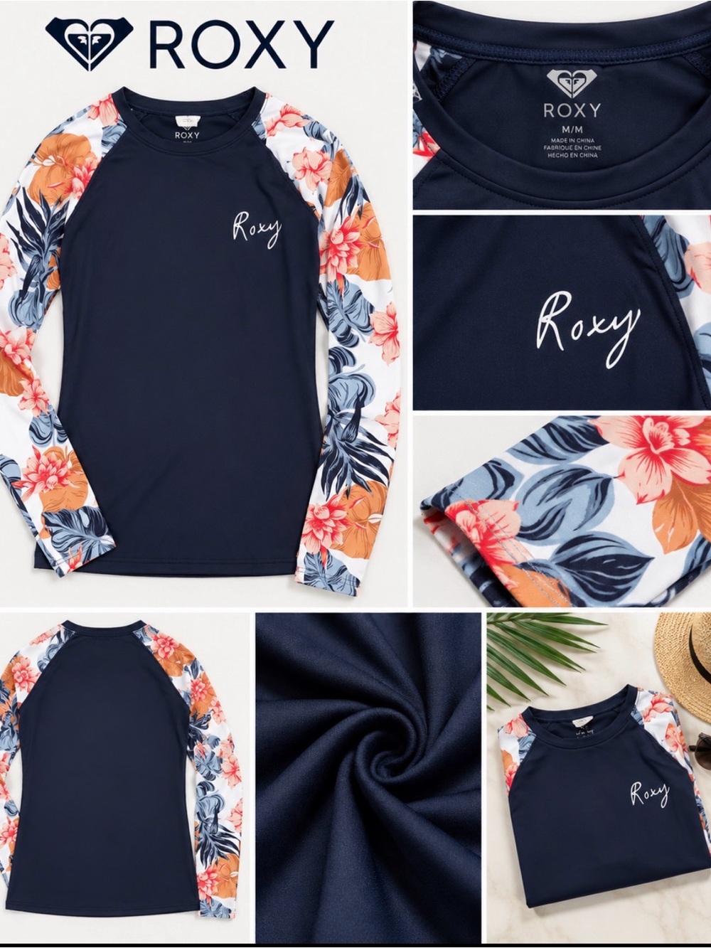 Roxy Girls' Navy Rash Guard with Floral Orange-Pink Sleeves